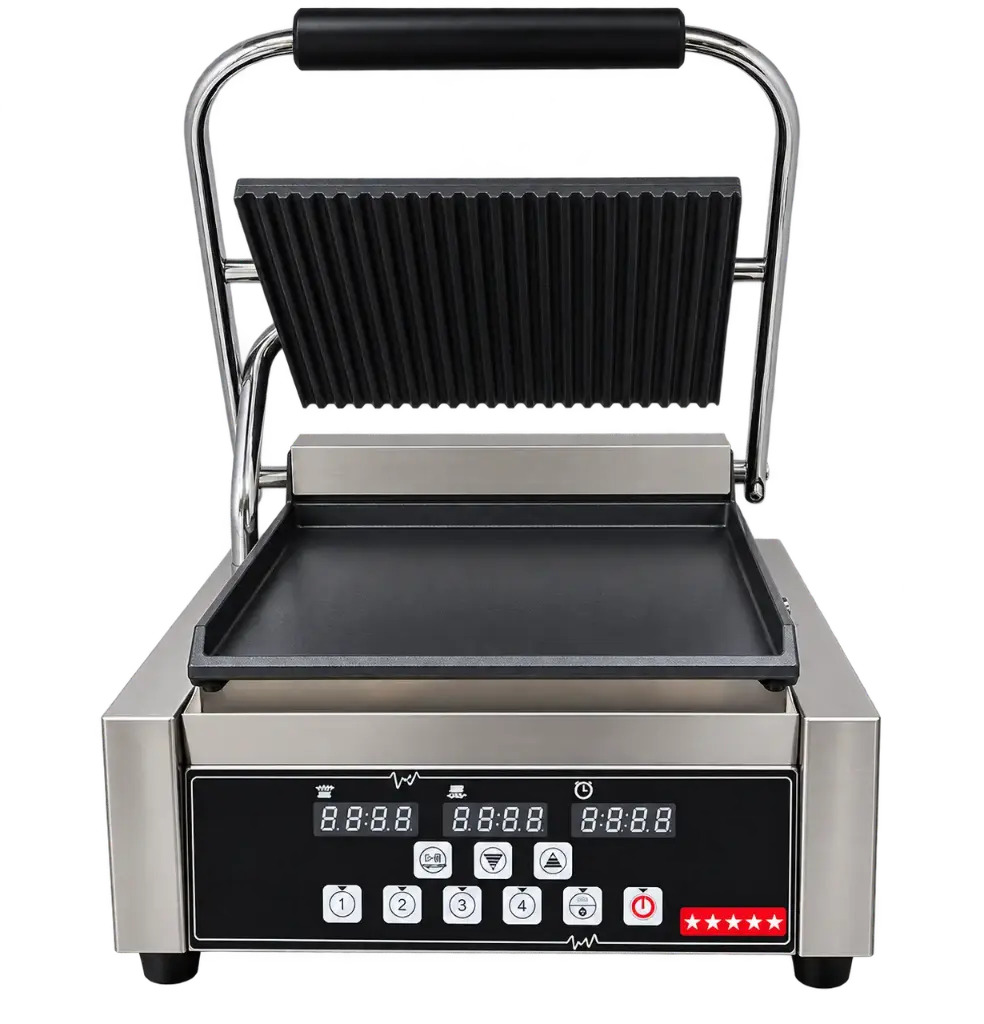 PLANCHA PANINI GRILL DOBLE CONTACTO, PARTE SUPERIOR RANURADA Y PARTE INFERIOR PLANA # EB-EG-811D-FLAT-GROOVED