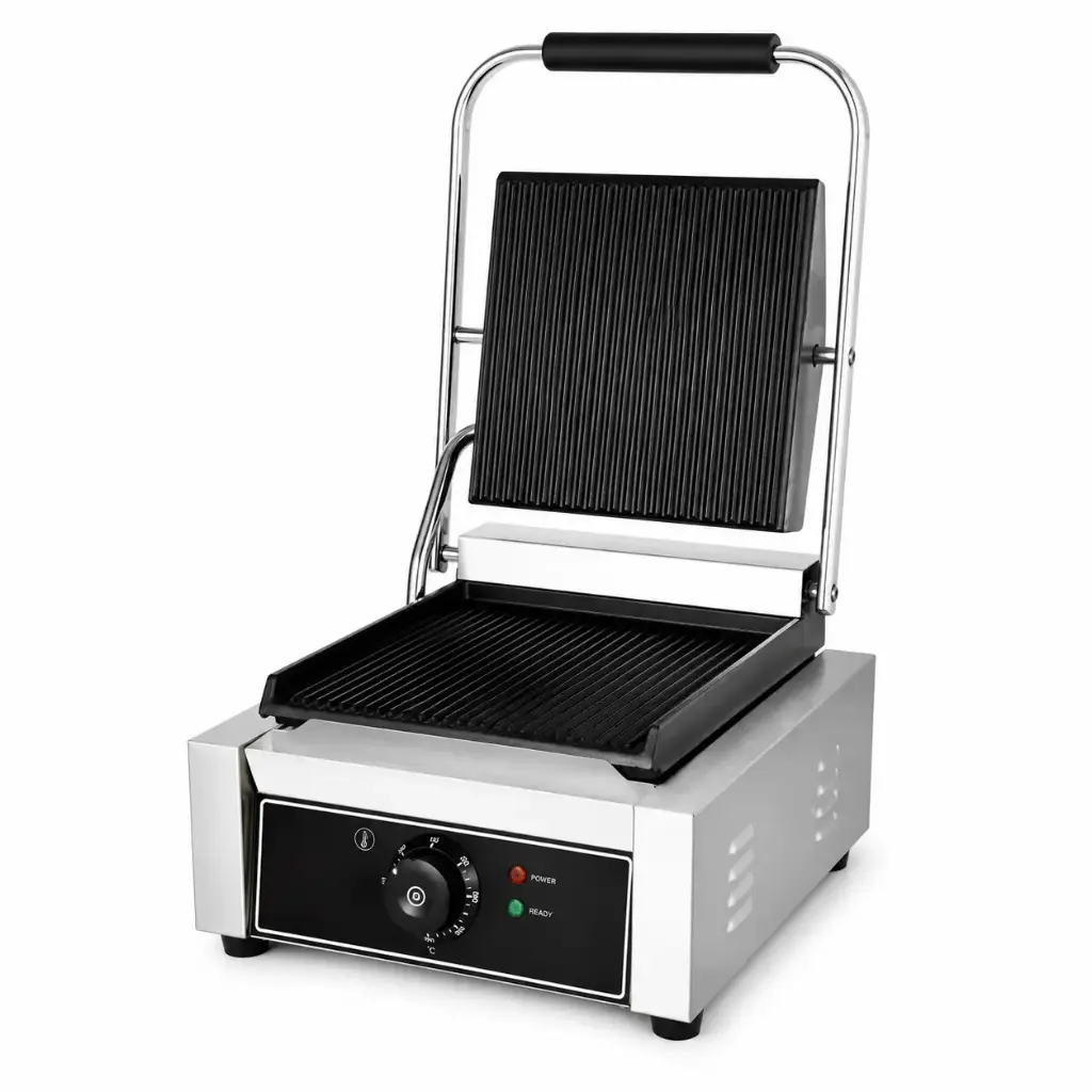 PLANCHA PANINI GRILL DOBLE CONTACTO, PARTE SUPERIOR RANURADA Y PARTE INFERIOR PLANA # EB-EG-811D-FLAT-GROOVED