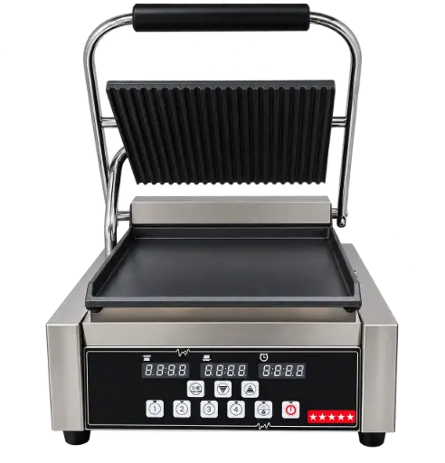 [EB] PLANCHA PANINI GRILL DOBLE CONTACTO, PARTE SUPERIOR RANURADA Y PARTE INFERIOR PLANA # EB-EG-811D-FLAT-GROOVED